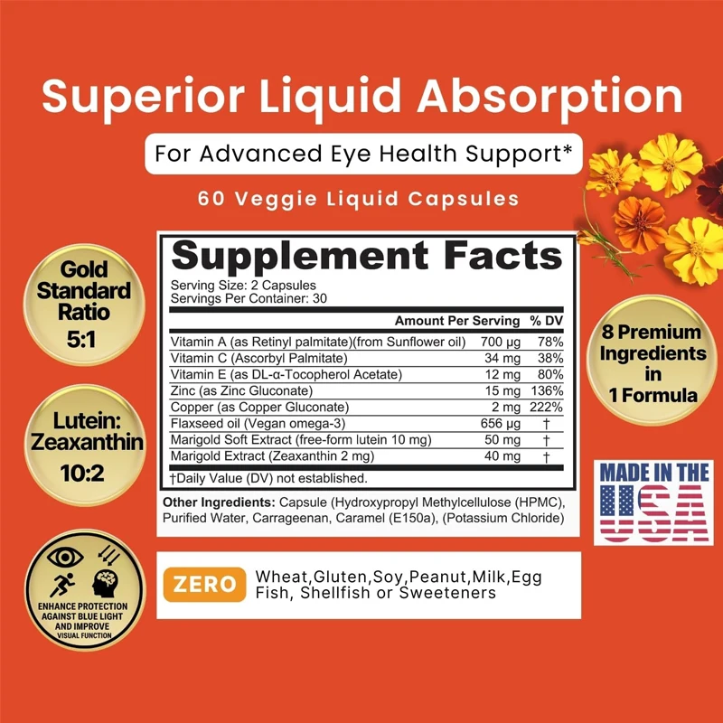 Liquid lutein and zeaxanthin - rapidly absorbing to support blue light and visual health, containing zinc and antioxidants