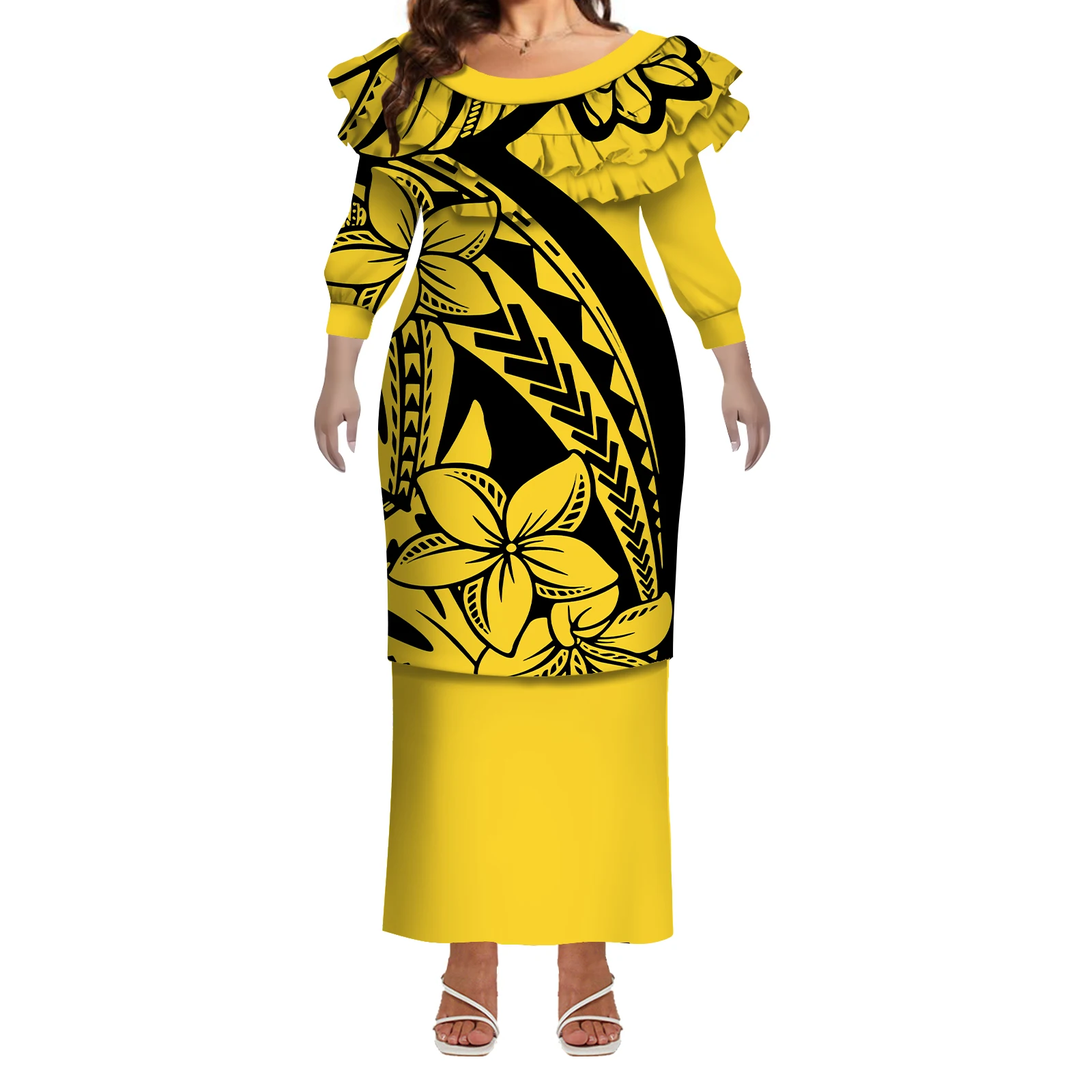 Puletasi vestido de verão de manga média com babados de camada dupla e justo, vestido feito sob medida para mulheres polinesias