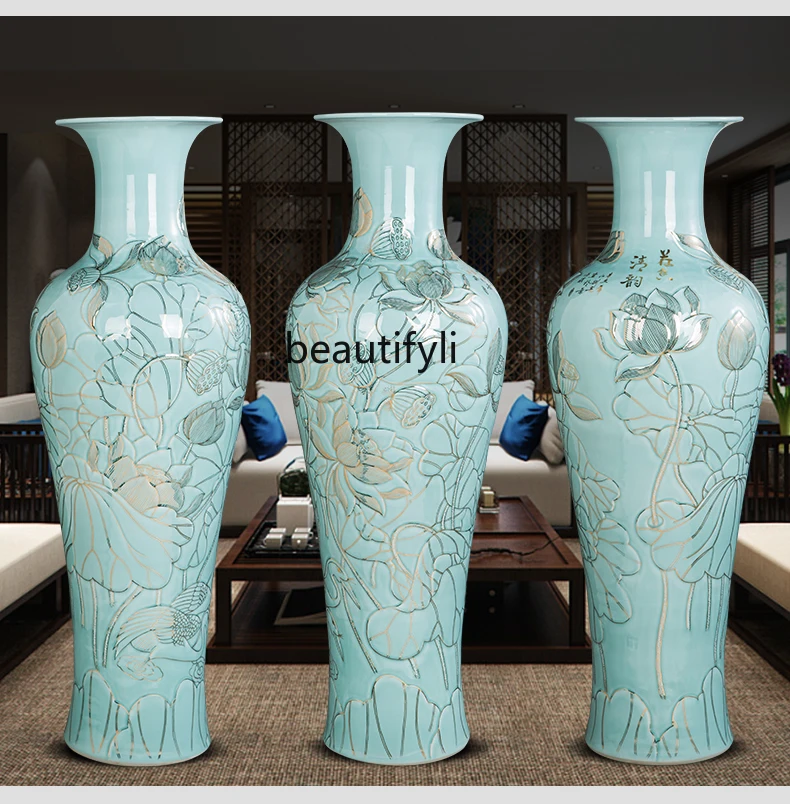 

Jingdezhen Hand Painted Golden Outline Celadon Large Vase Decoration Living Room Floor New Chinese Style Light Luxury