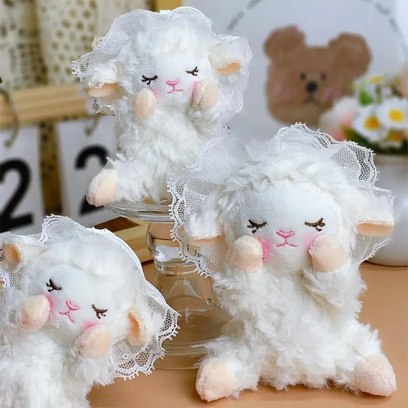 Cute Soft Plush Lamb Keychain Fluffy White Lace Decor Lovely Bag Pendant for School Backpack Student Gift