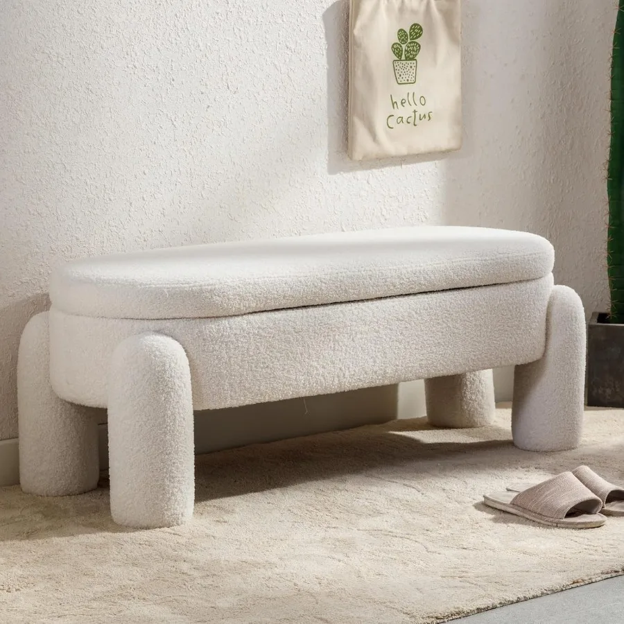 

Modern Storage Bench 44.7 Inch Upholstered Ottoman Bench Sherpa Fabric End of Bed Stool Cute Entryway Bench for Bedroom Living