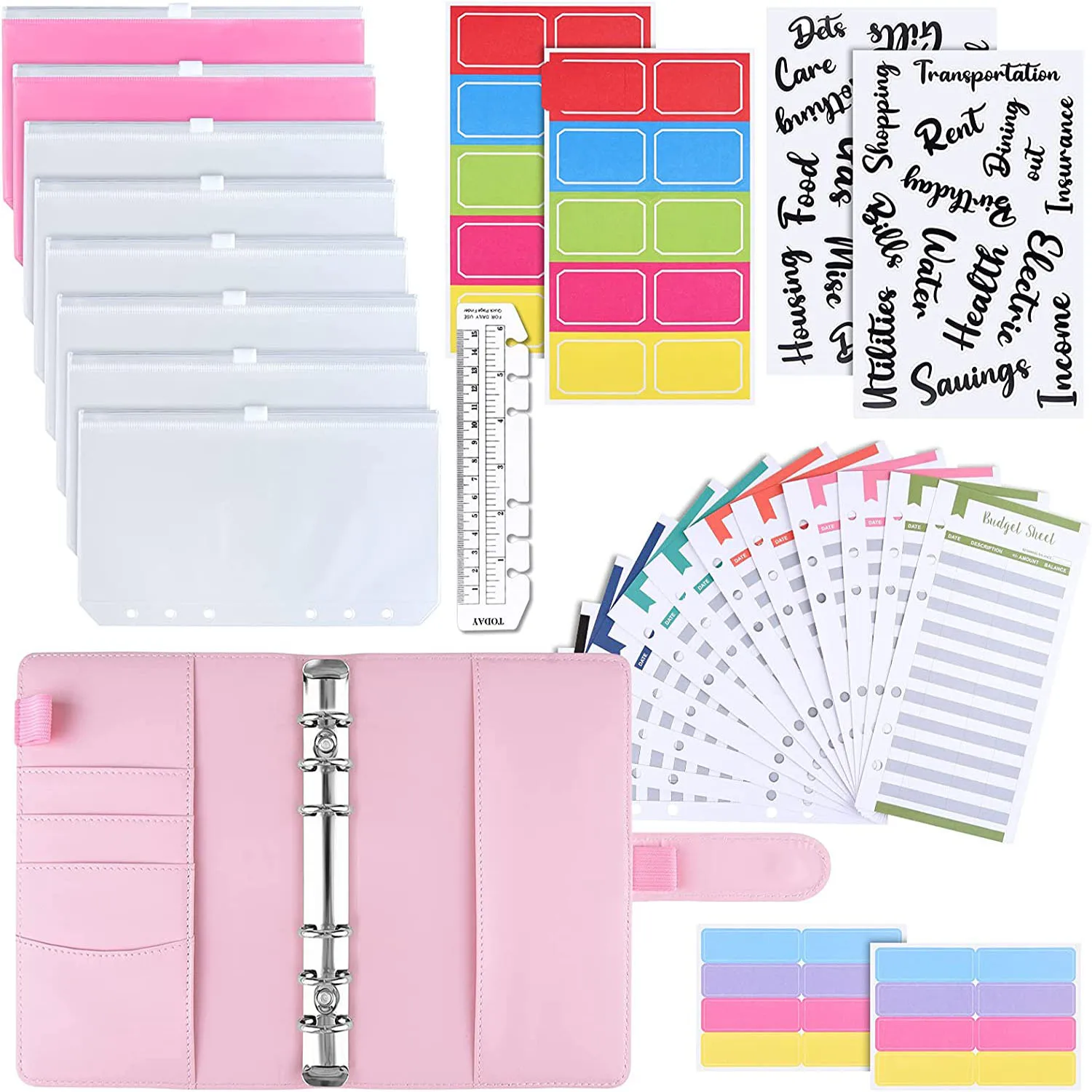 

A6 Binder Budget Cash Envelopes Wallet, 8 Pcs Binder Pockets Money Envelopes,12 Pcs Expense Budget Sheets ,Stickers and Ruler