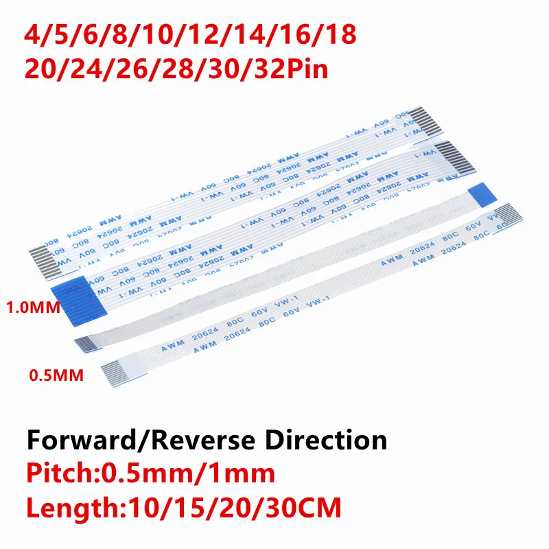 10pcs Flat Flexible Cable FFC FPC AWM 20624 80C 60V VW-1 in 0.5mm 1.0mm Various Pin Options for Electronics And Networking