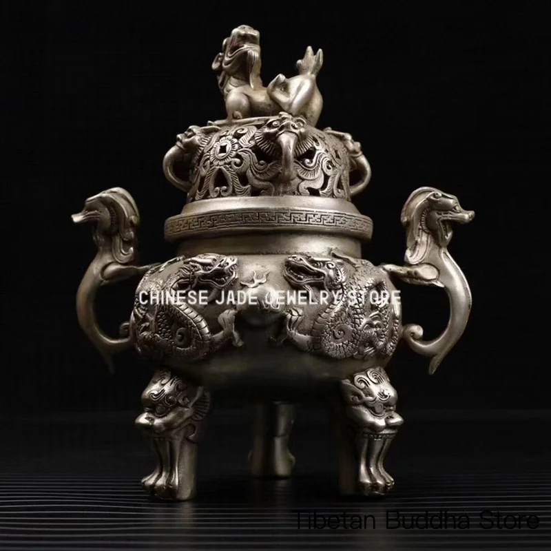 Ming Dynasty Xuan De Antique-style distressed pure copper brass silver-plated incense burner with double dragons playing with pe