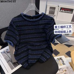 Vintage Elegant Knitted Sweater Pullover Women Korean Fashion Ladies Top Tees Short Sleeve Round Neck Chic Stylish Female Tops