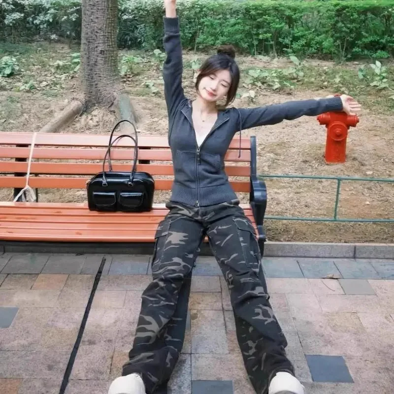 Amerikanisches Retro-Karo-Kapuzenpullover für Damen im Frühling und Herbst 2022, neuer Stil, schmale Passform, Taille, Reißverschluss, Strickjacke, Jacke