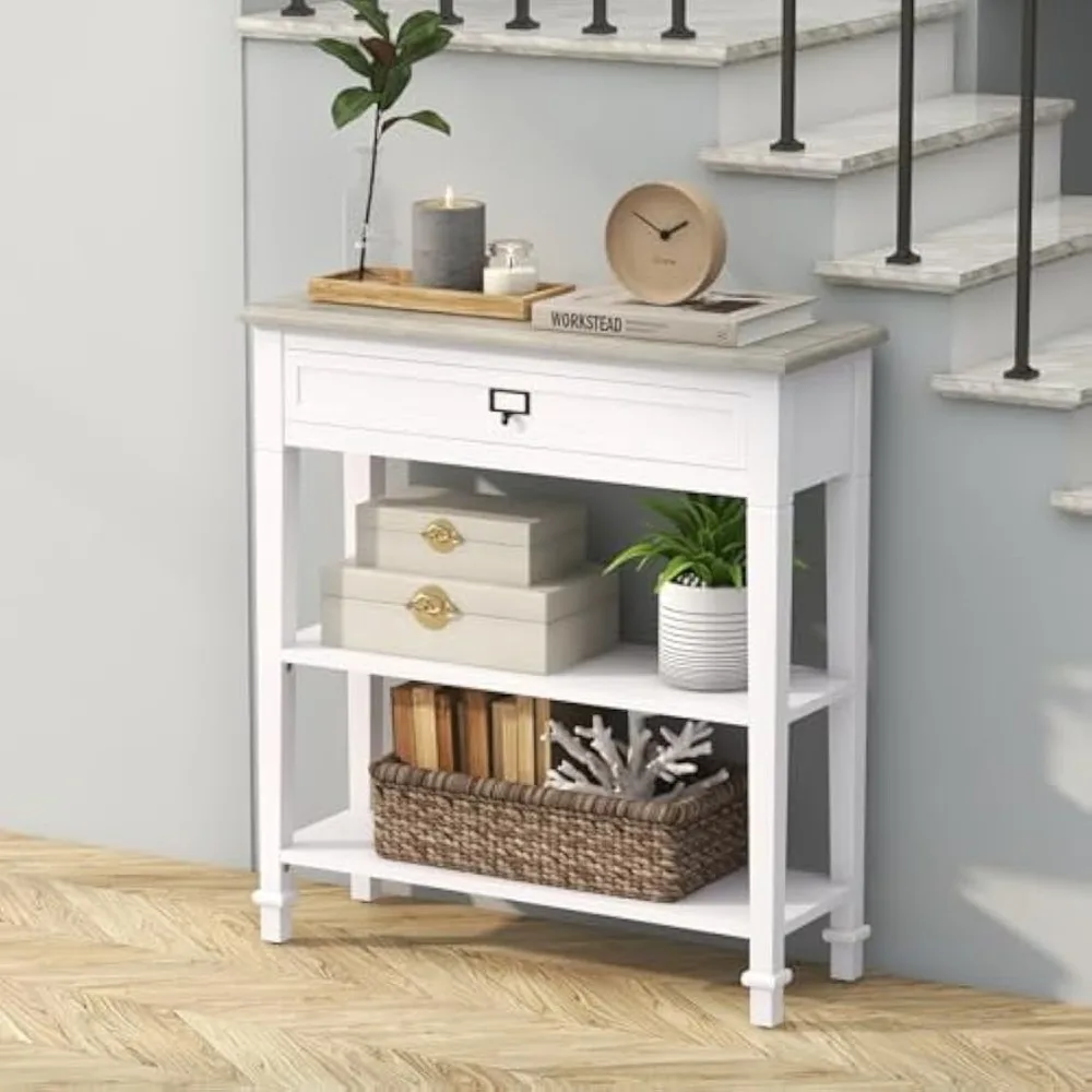 

Entryway Table with Drawers & Open Storage Shelves, 3-Tier Farmhouse Narrow Console Table, Sofa Table Hallway Table for Living