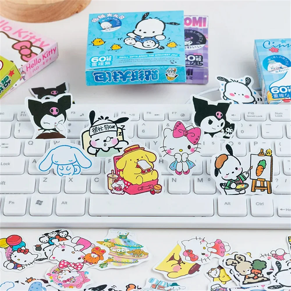 60Pcs Hello Kitty Kuromi Cinnamoroll Pochacco Stickers for Kids Girls DIY Laptop Phone Diary Cute Cartoon Sanrio Sticker