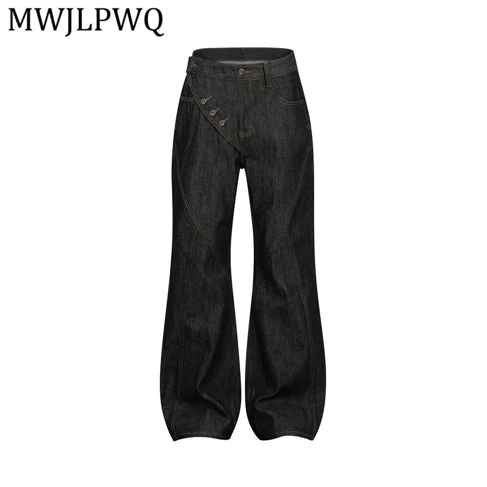 

MWJLPWQ Unique Denim Flared Pants For Men Hiphop Diagonal Button Design Deconstructed Workwear Trendy Autumn Slimming Jeans 6676