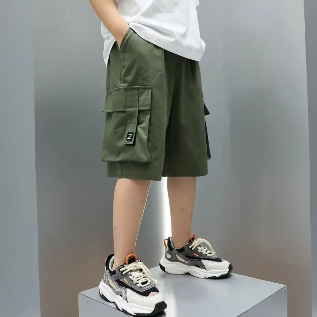 Summer Boys' Cotton Shorts High Street Hip Hop Fashion Big Pocket Shorts Khaki Children's Pants Casual Children's Clothing 2024