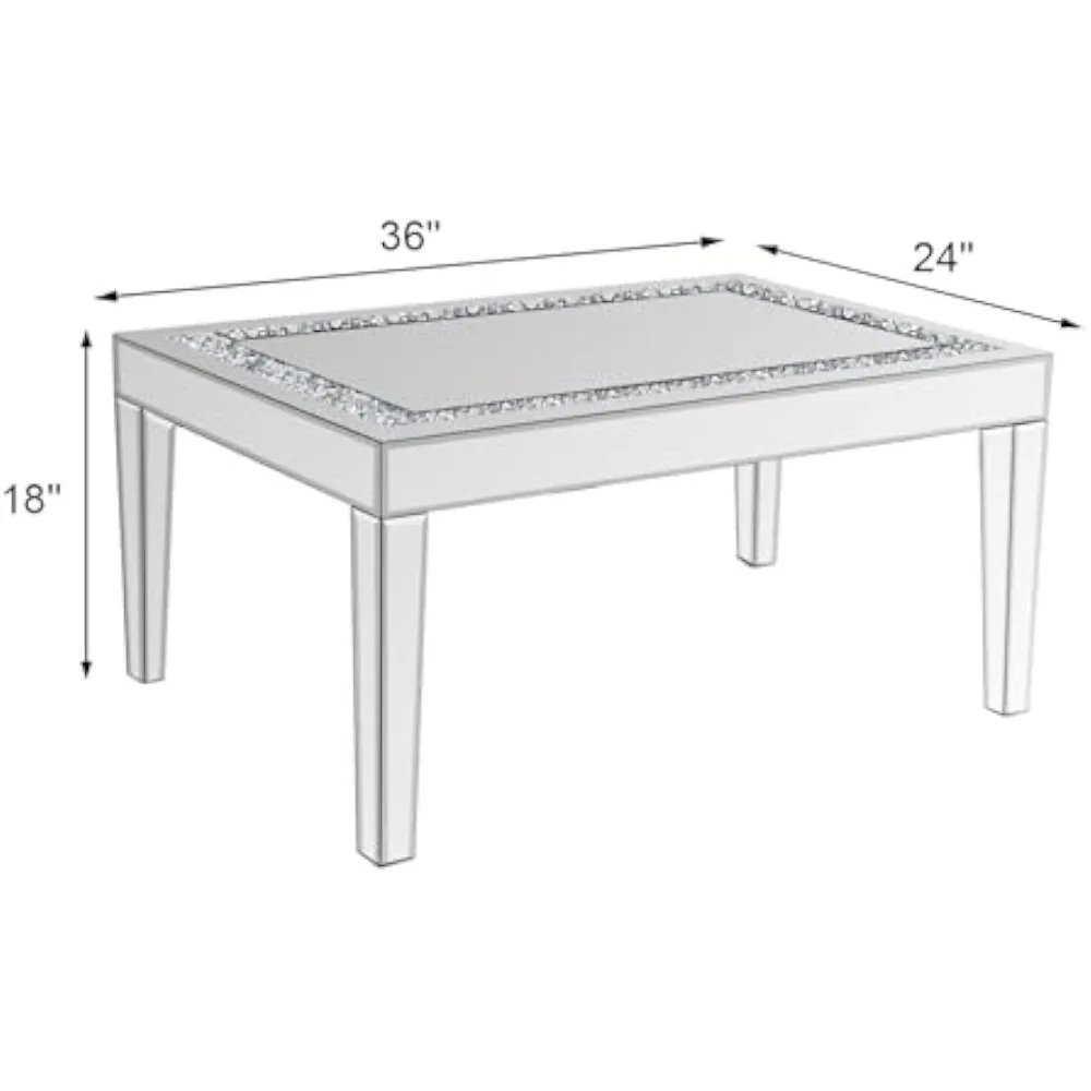 Coffee Table with Crystal Inlay, Rectangle Glass Tea Table with Mirrored Finish, Modern Center Table for Living Room