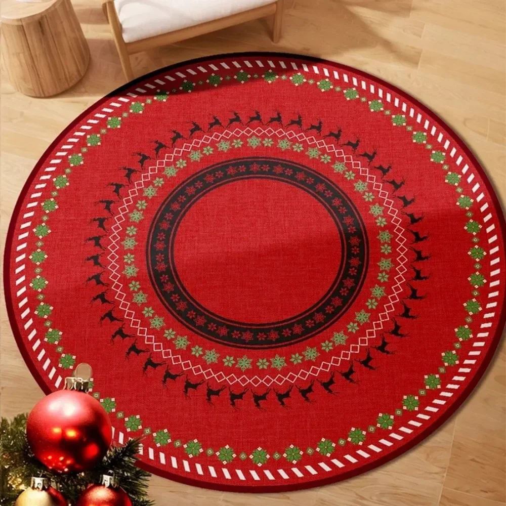 Festive Christmas Round Rug with Reindeer & Tree Pattern – Holiday Living Room Decor, Non-Slip Floor Mat for Seasonal Home