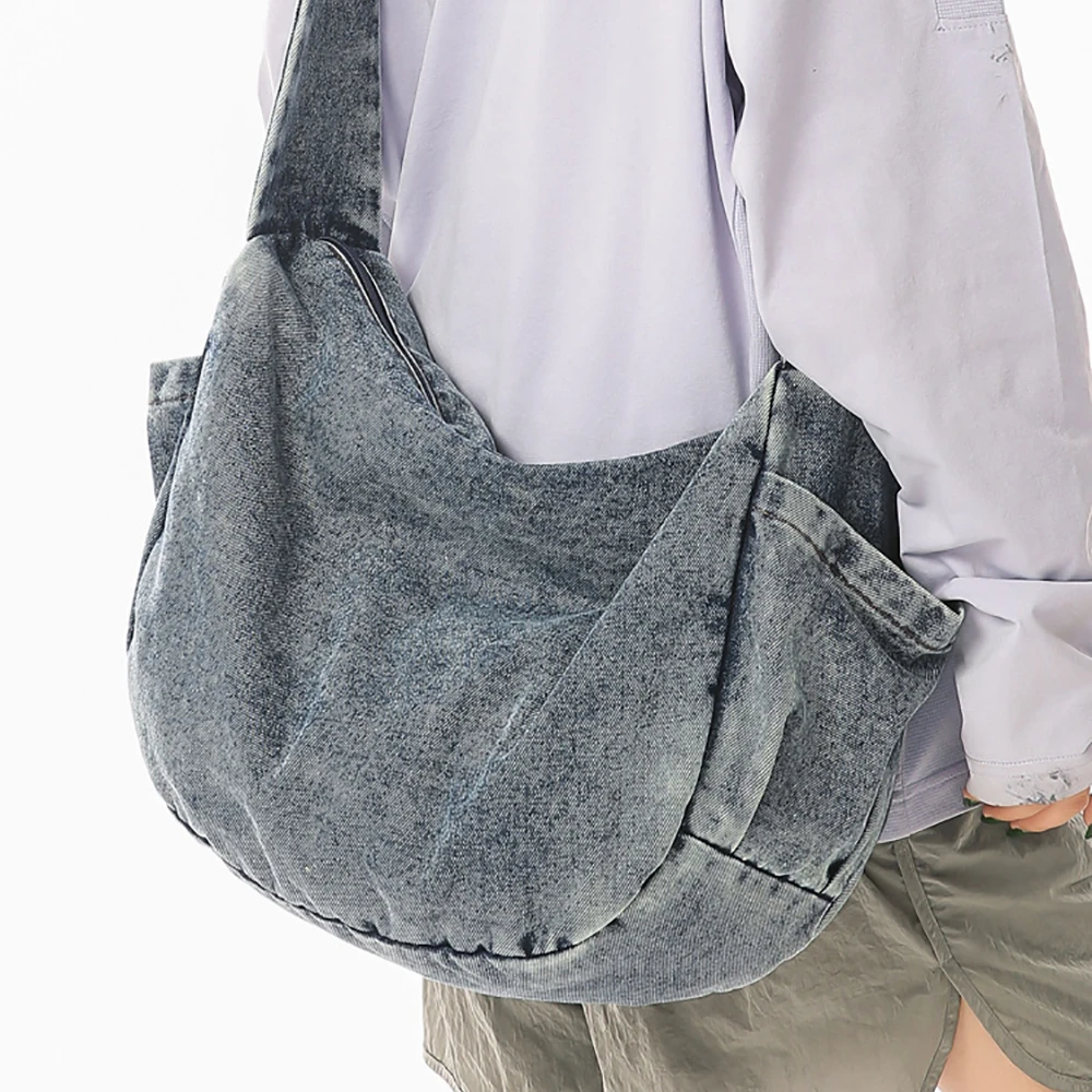 Casual Large Capacity Denim Shoulder Bag Women's Solid Color Soft Zipper Crossbody Bags Daily Shopping Commute Messenger Bags