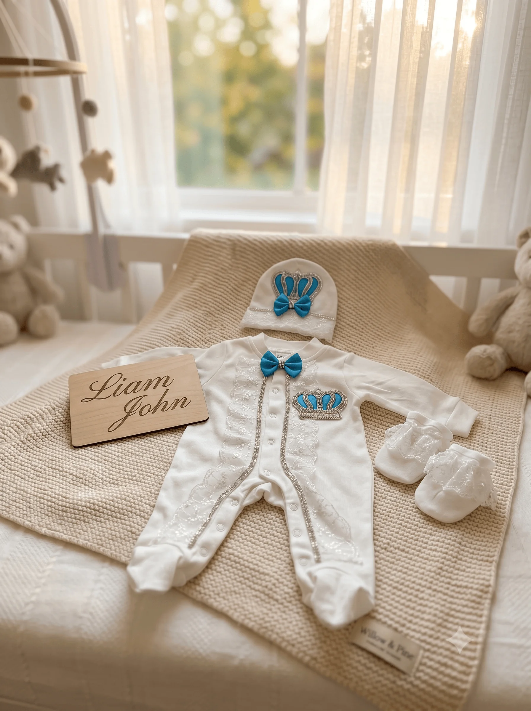 Premium Soft Cotton Baby Boy Ceremony Romper Set 3Pcs  Rhinestone Crown Lace Hat Mittens Newborn Photography Outfit