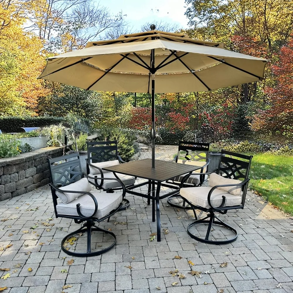 6 Pieces Patio Umbrella Dining Sets with 4 Swivel Chairs, 1 Square Table and 1 x 9 Ft Beige Umbrella  37