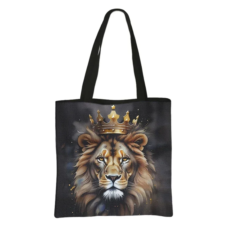 Wolf Under The Moonlight Print Shoulder Bag Lion with Crown Tote Bags Large Capacity Colorful Tiger Handbag Reusable Shopper Bag