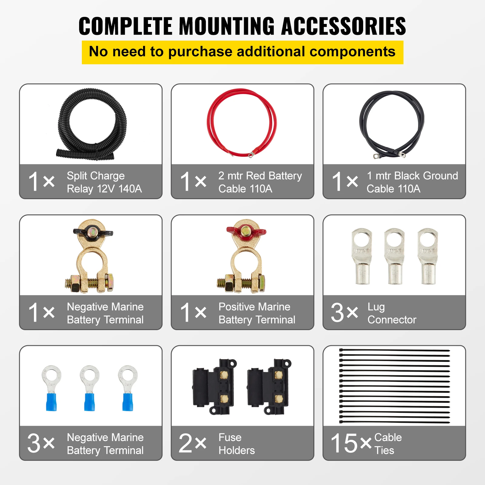 SucceBuy Split Laadrelais Kit Spanningsdetectierelais Professioneel 12V 140AMP 2/4/5/6 mtr Batterijkabel voor ATV's UTV's Campers Camping
