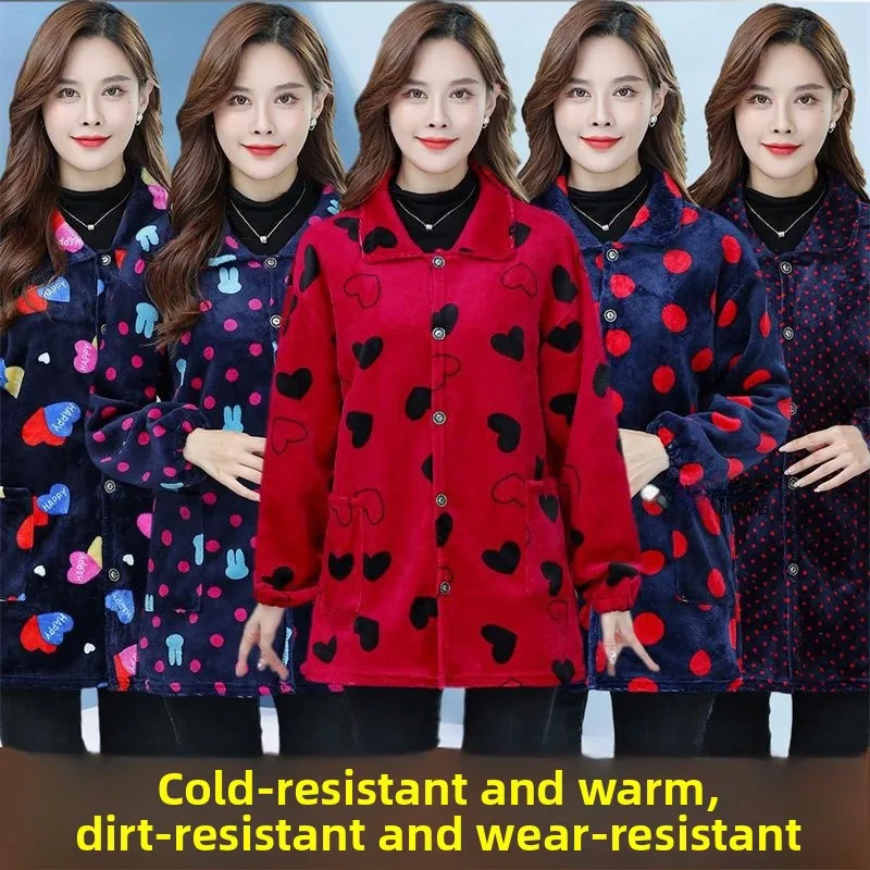 

Модный утепленный флисовый рабочий халат с длинными рукавами, зимний фартук, женское длинное пальто, кухонный халат для мам, защита для домашней работы