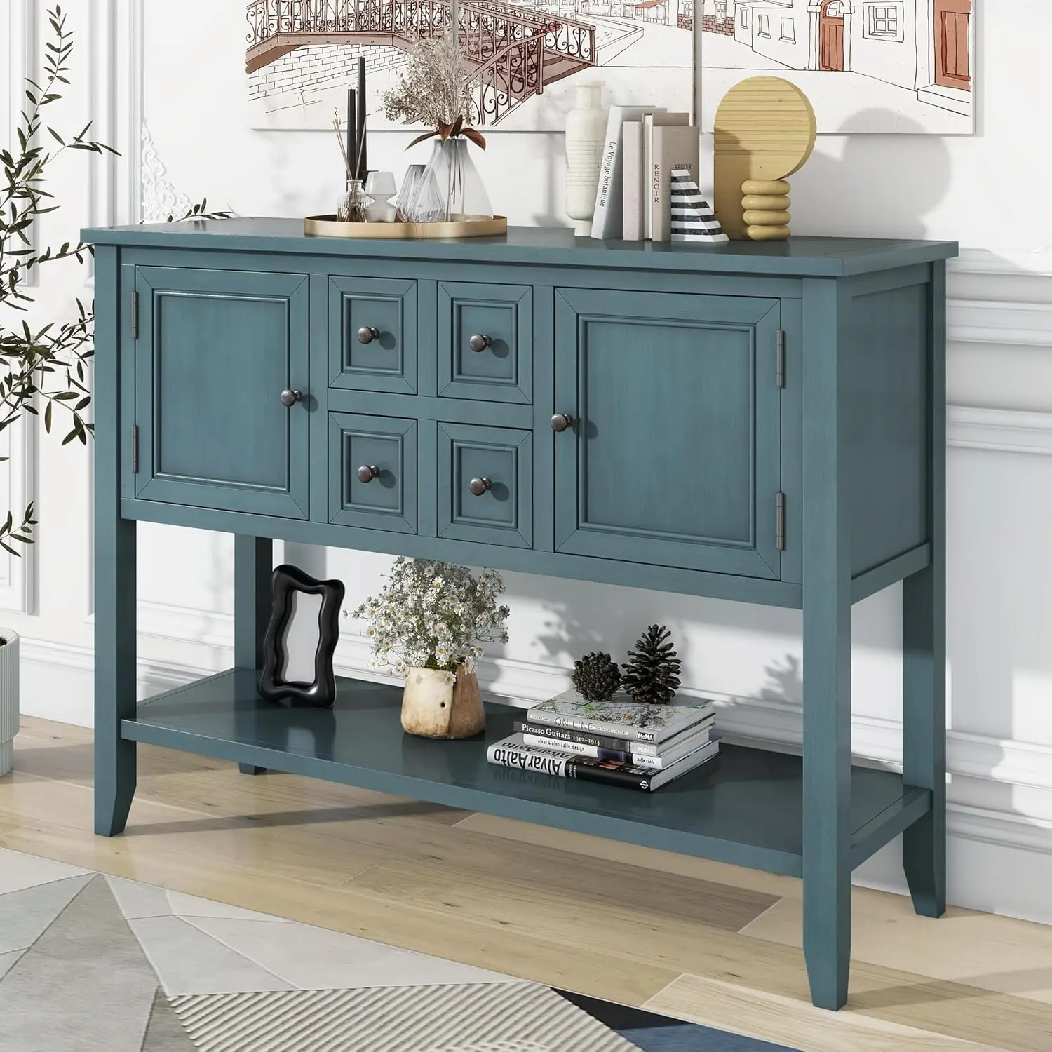 Console Table Buffet Sideboard Sofa Entryway Side Table with 4 Storage Drawers 2 cabinets and Bottom Shelf for Living Room