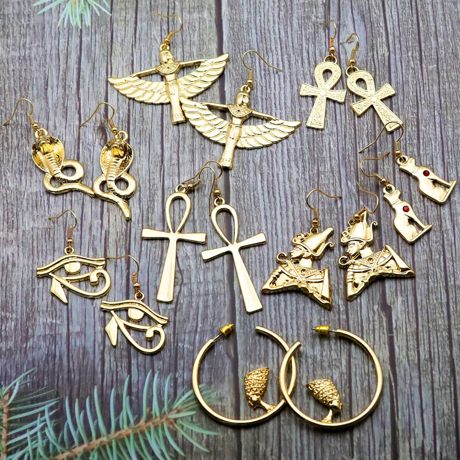Vintage Gold Color Women Earring Ancient Egyptian Queen Cross Snake Ear Pendant Hoop Eardrop Amulet Jewelry Drop Dangle Earrings