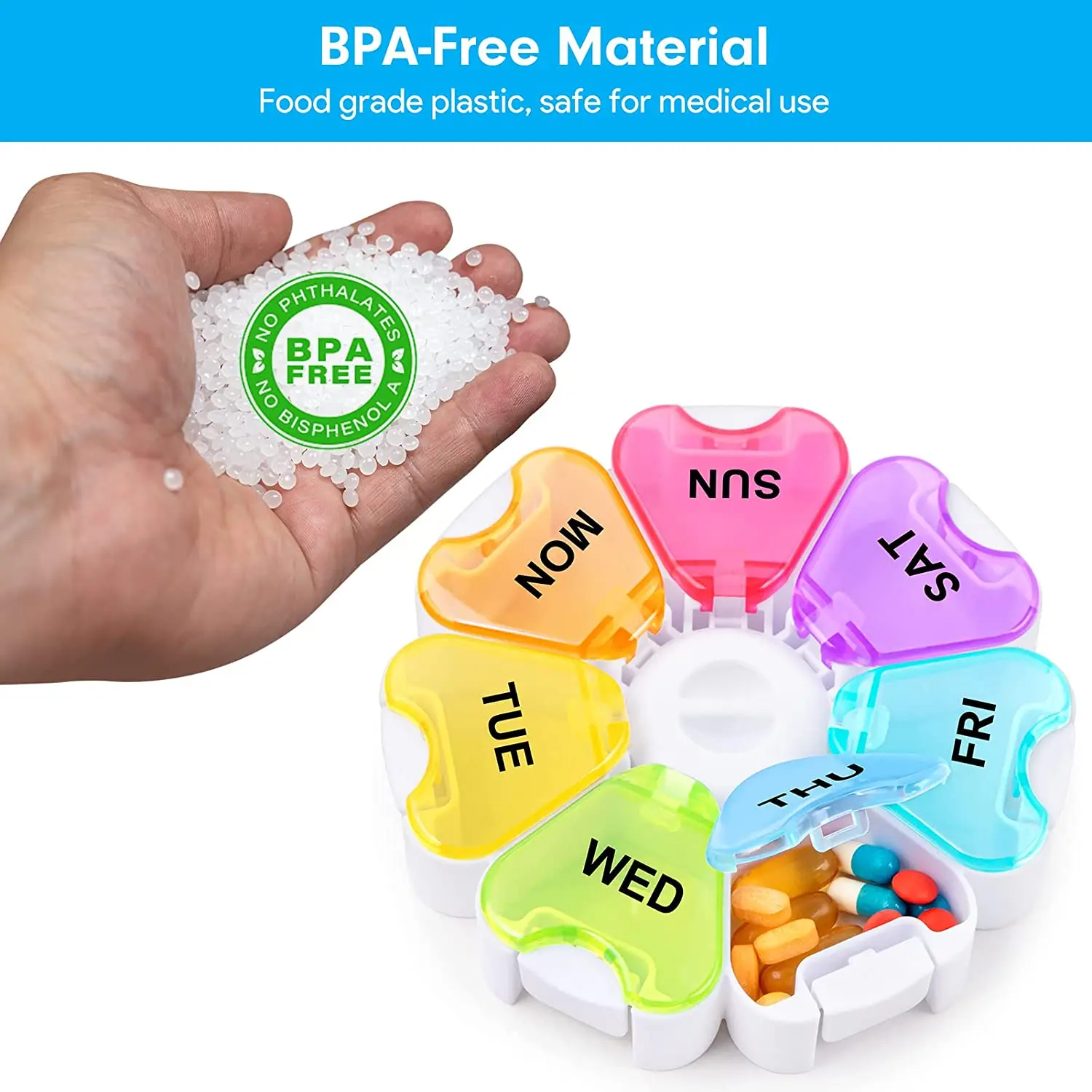 Pill Organizer Large Pill Box with Push Open Button,BPA Free 7 Day Pill Case, Daily Medicine Organizer for Vitamins