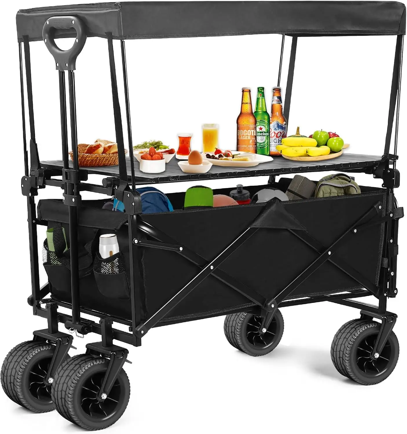

Collapsible Wagon with Table and Canopy Large Capacity Wagons Carts Beach Wagon with Big Wheels Heavy Duty Beach Car Utility Wag