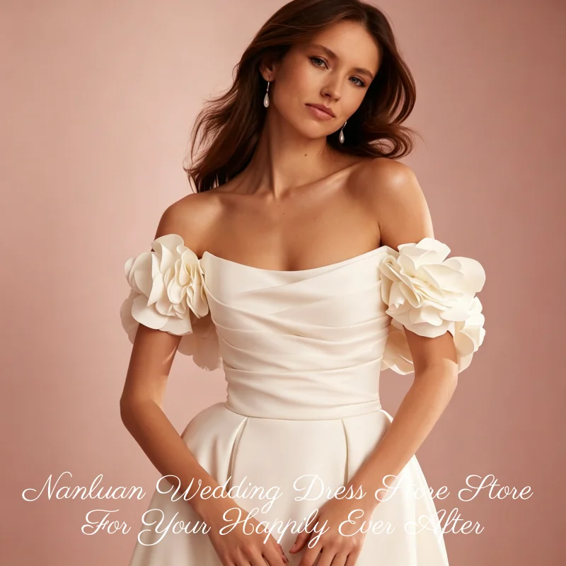 Minimal Floral Off Shoulder Plain Satin A Line Wedding Dress Chapel Train Vestidos de Novia Customized