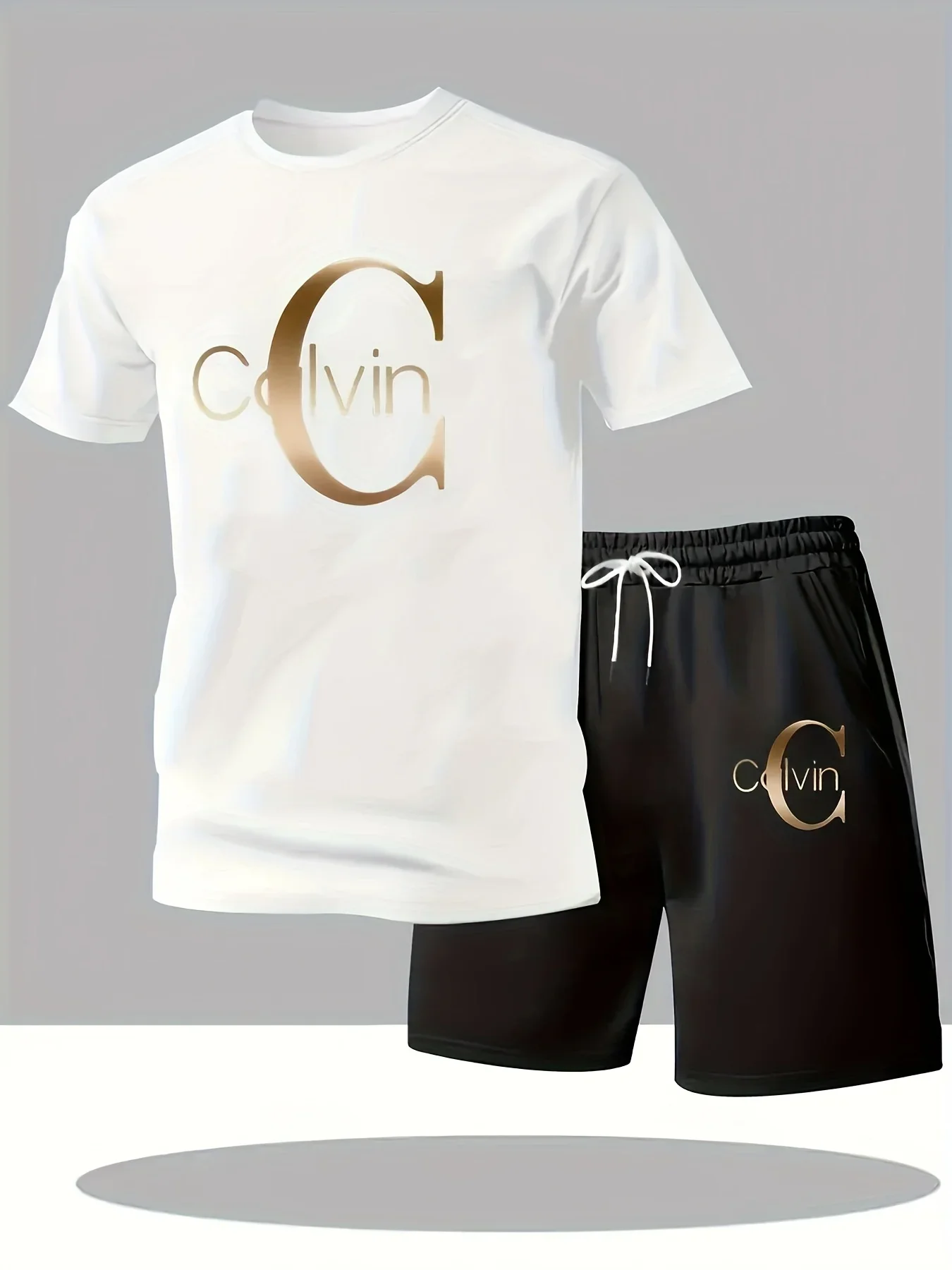 

Conjunto corto de ropa deportiva informal para hombre, camiseta de manga corta con cuello redondo y pantalones cortos con cordón