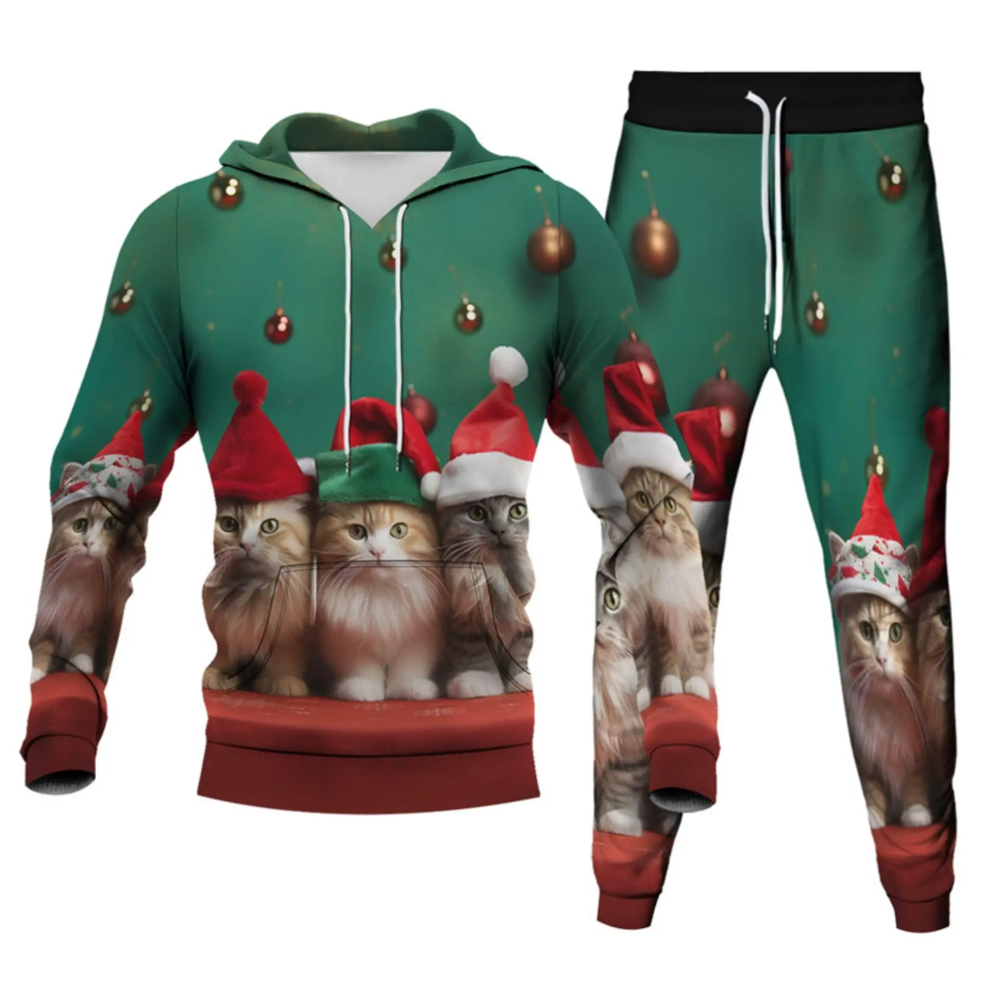 Unisex 3D Christmas Cat Printed Men Women Novelty Xmas Hoodie Adult Kid Two Pieces Tracksuits Sweatshirts Joggers Sweatpants Set