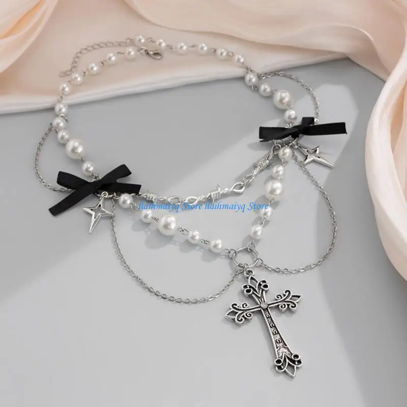 

573B Edgy Crosses Bowknot Choker with Pearls and Tassels for Party and Daily Wear