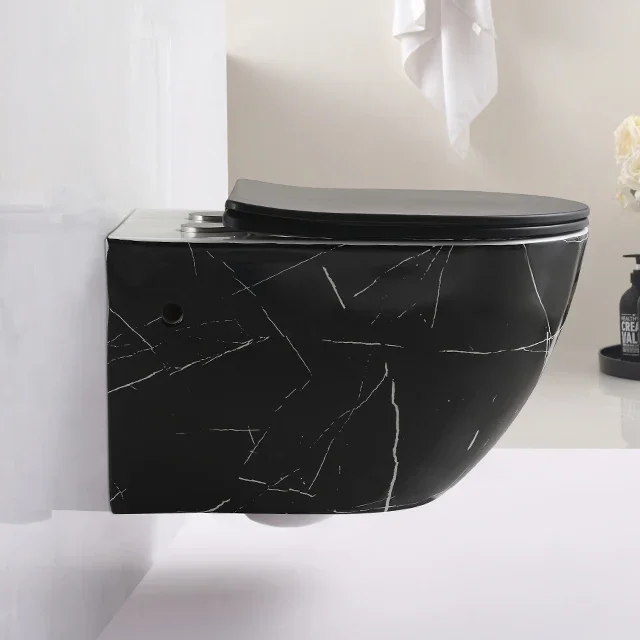 Z Inodoro sin montura de Color mármol, juego de inodoro colgado en la pared negro mate con tanque de agua oculto, Inodoro Suspendido