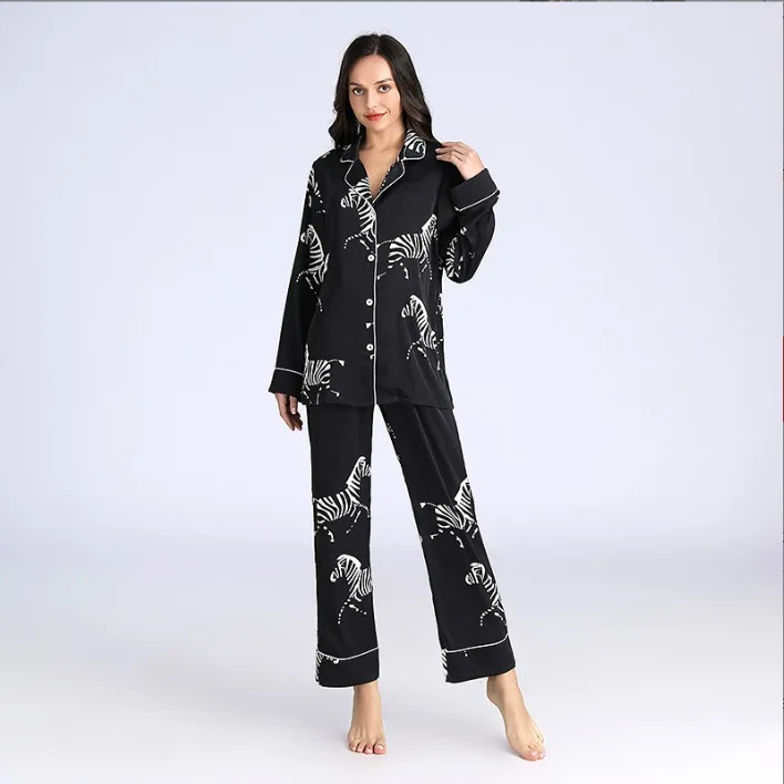 

Zebra Print Pajamas Suit New Summer Sleepwear Nightwear Women Loungewear Trousers Set Satin Home Clothes Loose Pyjamas Nightgown