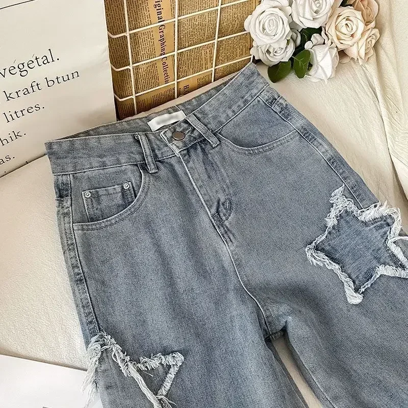 Women Y2K Korean Fashion Wear-resistant Patch Star Pattern Retro Jeans High Waist Distressed Trousers Straight Street Style