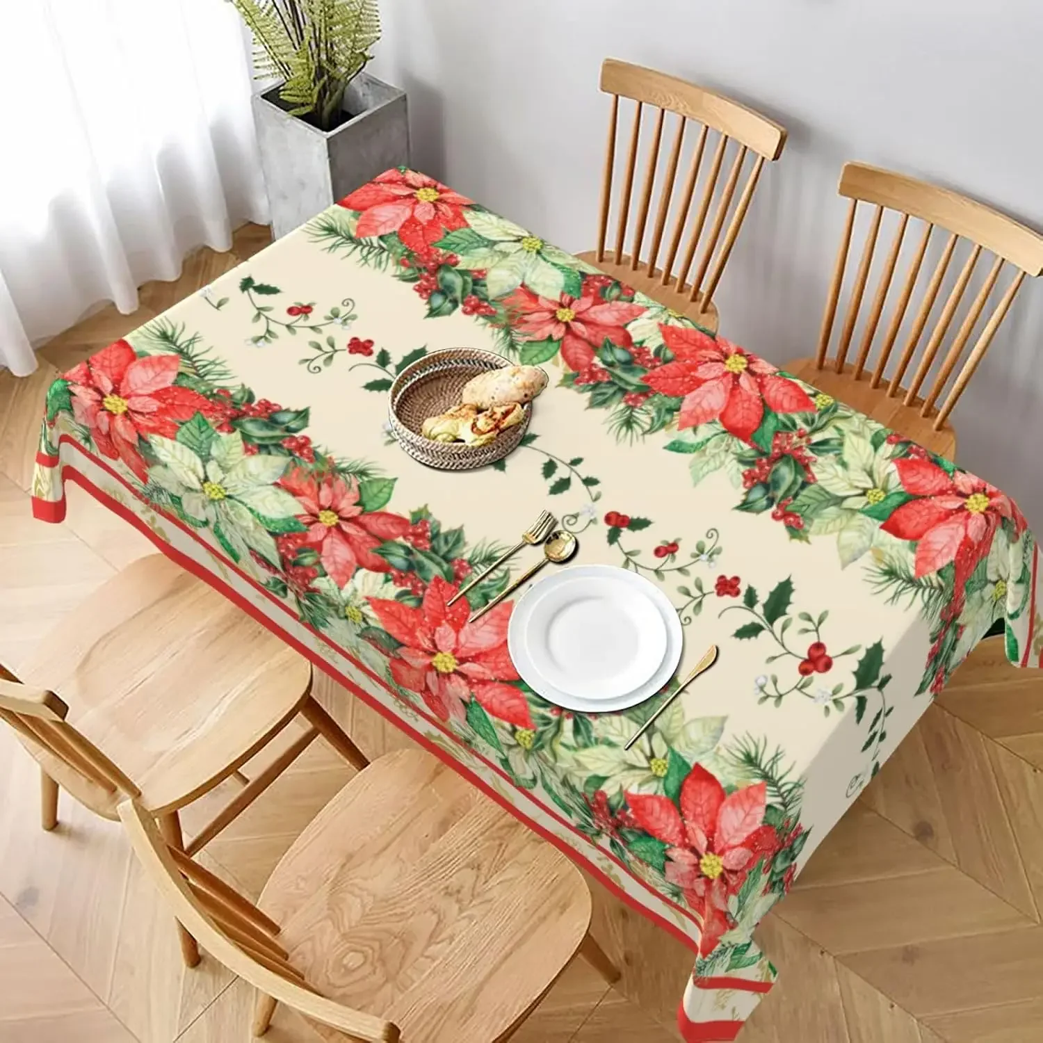 Christmas Holly Berries Flower Waterproof Tablecloths Winter Xmas Party Decor Washable Rectangle Table Cover Dining Table Decor