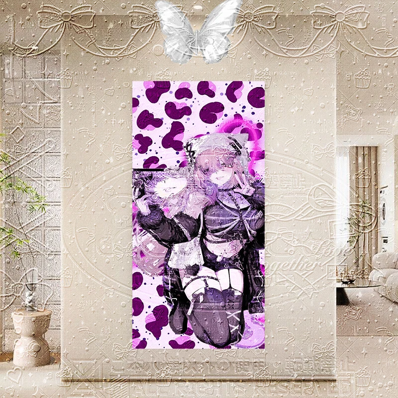 パープルパンク Purple Punk Tapestry, Cat Ear Anime Girl with Purple Leopard Print & Black Goth Outfit, ヤンキー Y2K Style Wall Hanging for