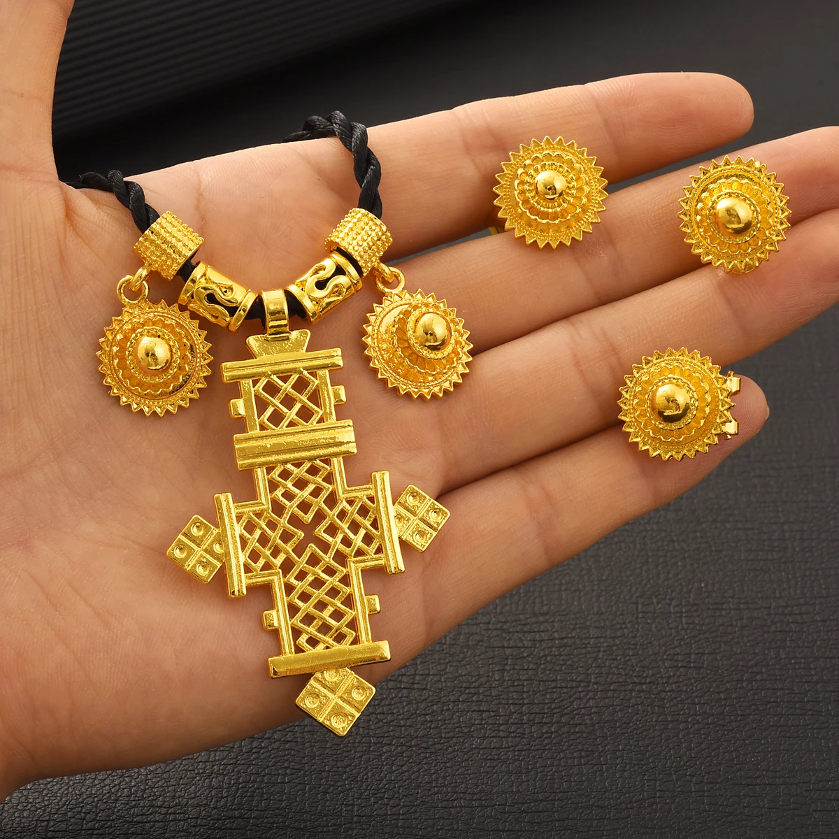 Ethiopian Cross Jewelry sets Necklaces Earrings Ring for Women Girls Gold Color Eritrean African Bridal Goods