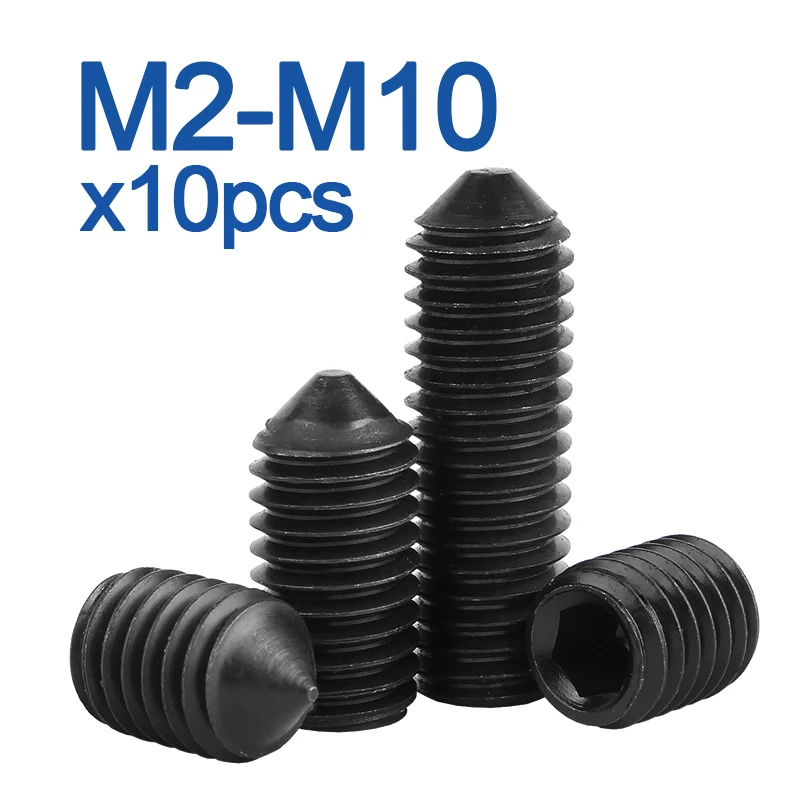 10pcs M2.5 M3 M4 M5 M6 M8 M10 Grade 12.9 Black Carbon Steel Hex Hexagon Socket Cone Point Grub Set Screw Tapered End Bolt DIN914