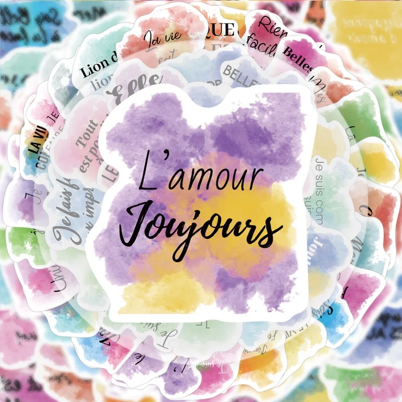 50 French Inspirational Watercolor Stickers, Vibrant Sticker Decals, Multiple Styles Without Duplication, Suitable for Water Bottles, Laptops, Suitcases, Skateboards, Guitars, Party Decorations