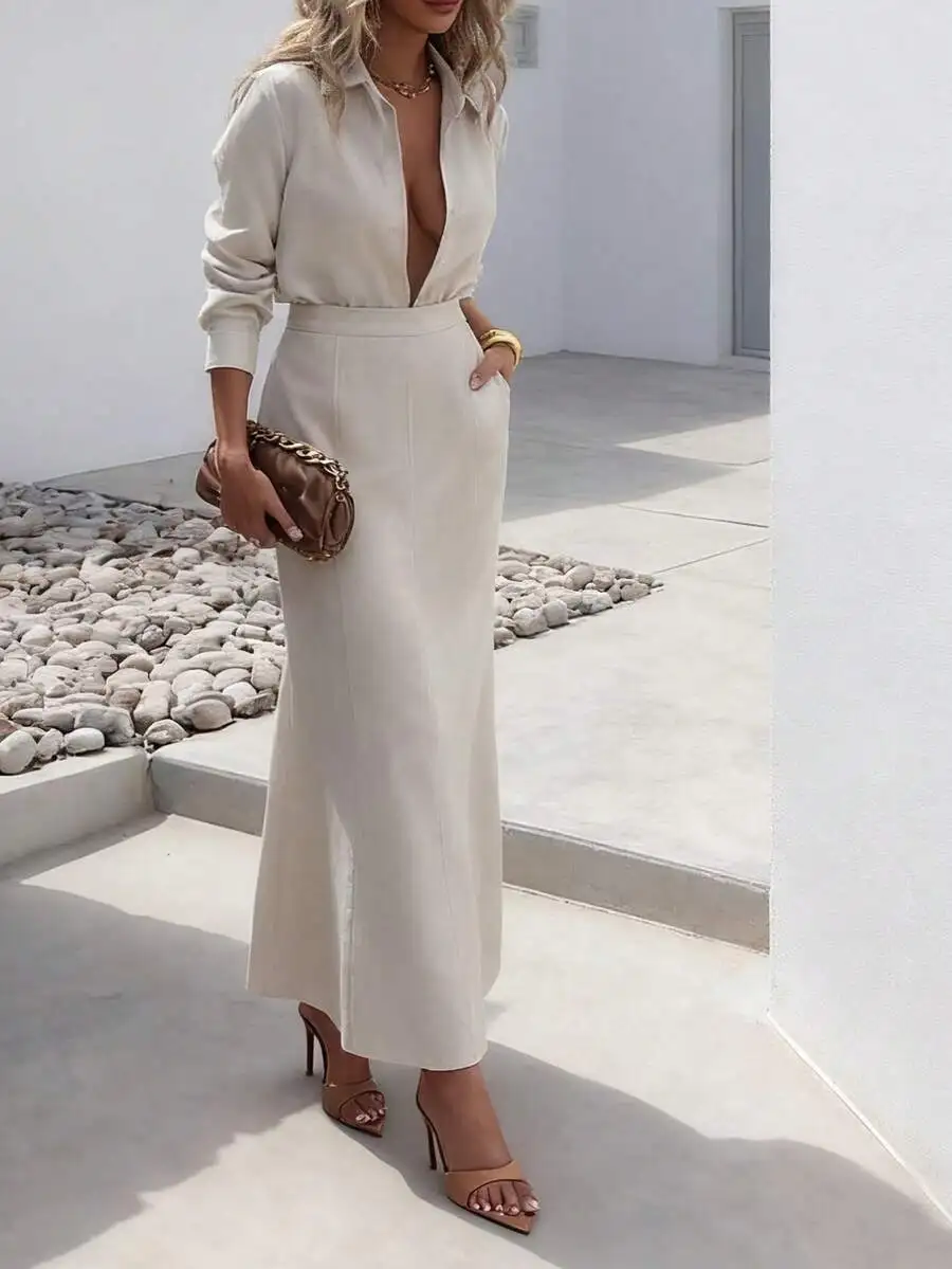 

Женский комплект: рубашка с длинным рукавом на пуговицах и макси-юбка, повседневная офисная одежда