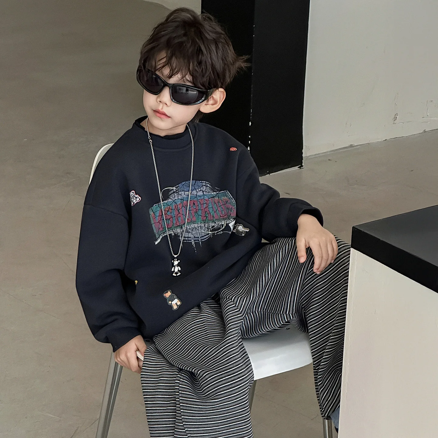 سترة الأولاد الأطفال المطبوعة الصوف العصرية رياضي فضفاض صالح أعلى الخريف الكورية فضفاضة عارضة جديدة عارضة جميع مطابقة