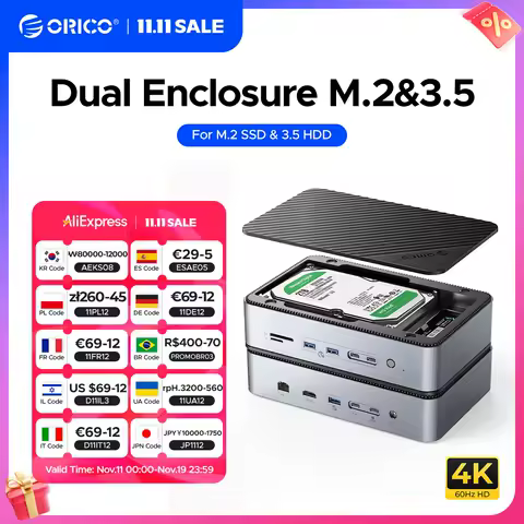 ORICO Dual M.2 NVME SSD and 3.5 Hard Drive Enclosure Docking Station Deck 10 in 1 HDMI-Compatible 4K60Hz PD100W SD TF for Editor