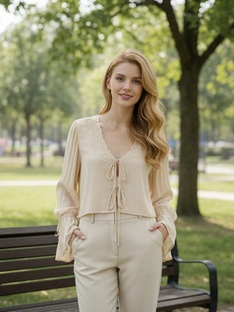 

Women's Beige V Neck Ruffle Cuff Flare Sleeve Crop Top Lace Tie Front Elegant Blouse 2026 Lady Daily Streetwear Shirt