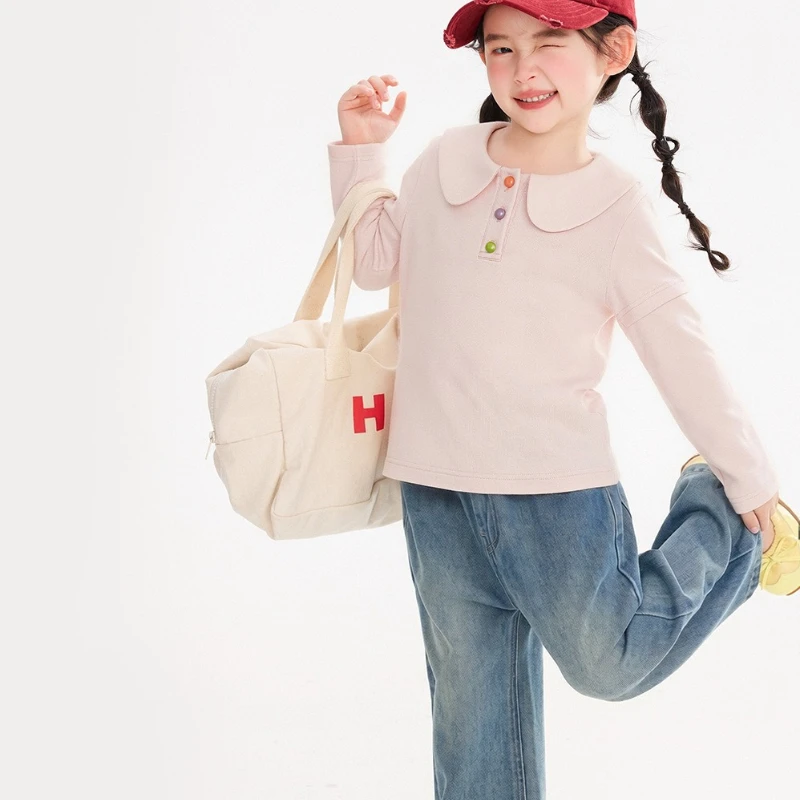Children's Clothing Color Mushroom Buckle Fake Two Pieces Girls' Long Sleeved T-shirt Autumn Clothing Doll Collar Top
