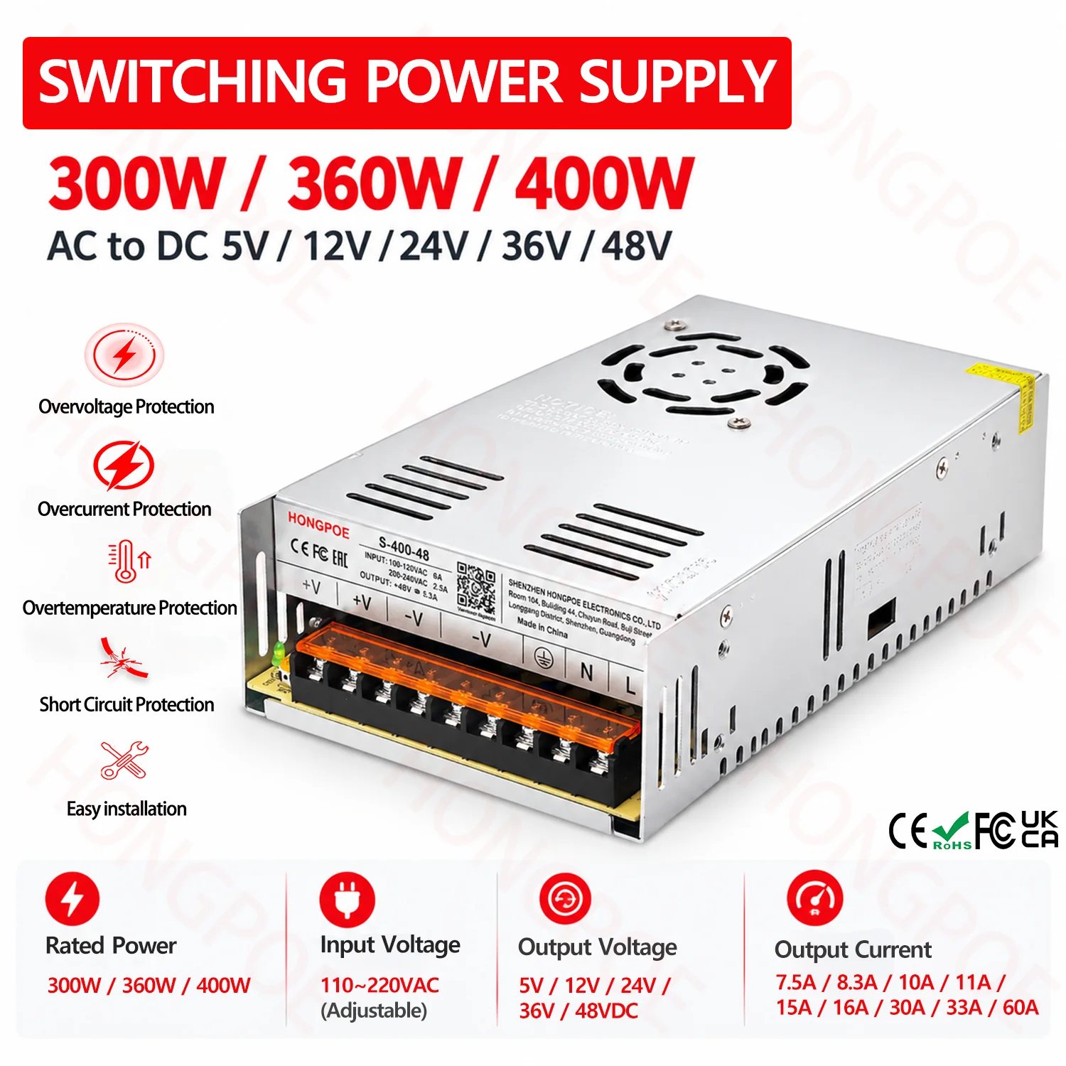 300W 360W 400W AC to DC Switching Power Supply 5V 12V 24V 36V 48VDC LED Power Supply Adapter 110-220V Adjustable High Efficiency