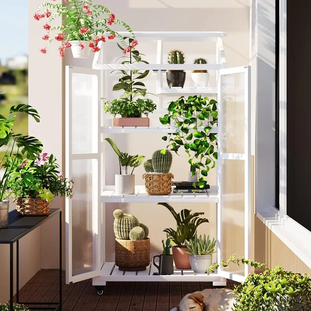 Mini Small Indoor Polycarbonate Greenhouse with Adjustable Shelves and Vent, Portable Wood Green House Cold Frame with