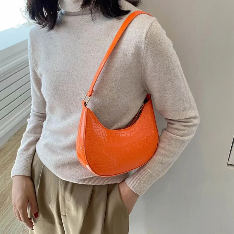 Retro Crocodile Pattern Women\'s Shoulder Bag Brand Design Underarm Bag Solid Color Fashion Handbag PU Bright Color Dumplings Bag