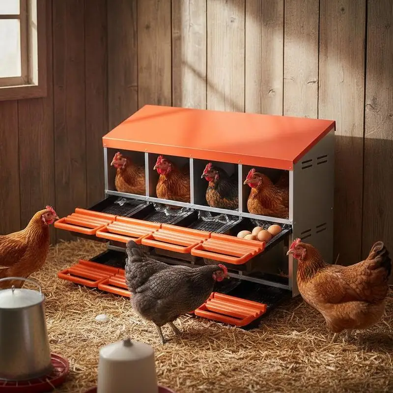 

8 Compartments Poultry Laying Station 32.7x19.7x33.1 Inches For Backyard Coop Chicken Run Farm Sloped Roll Out Trays Protective Collection Lids Galvanized Steel Frame Bolt Together Assembly Metal Structure Duck Hen Habitat Use
