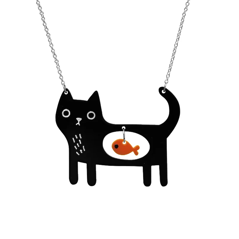 Lindo collar con colgante de gato y pez de acrílico negro, collares kawaii para perros y mascotas, regalos de joyería para mujeres y niñas