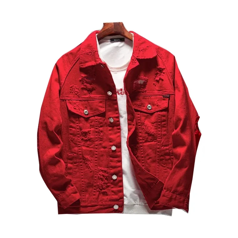 

2022 fashion men's monogrammed embroidered red denim jacket hole ripped denim coat coat