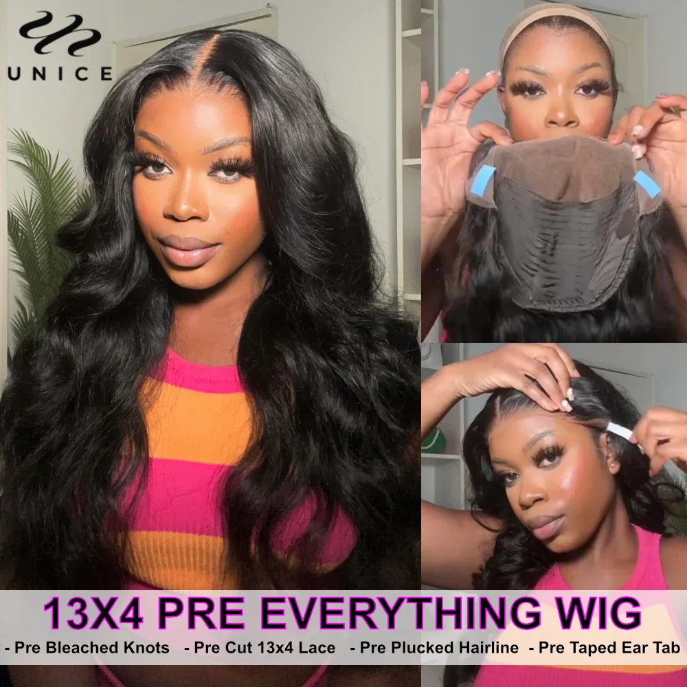 UNice 3D Body Wave Wig 250% Density 13x4 Human Hair Lace Frontal Wig Pre Plucked Pre Bleached Pre Cut Gluless Wig Ready To Wear